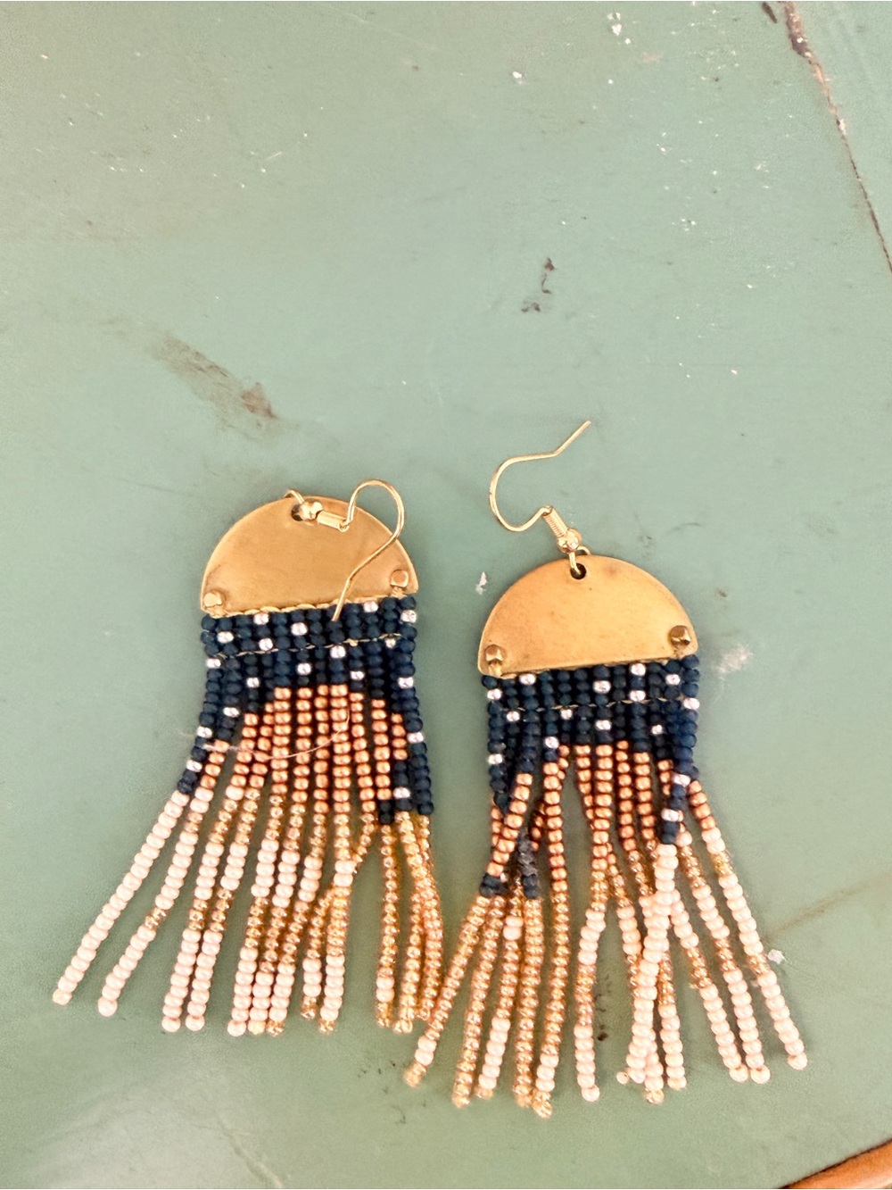 Beaded Fringe Drop Earrings in Navy, Gold & Cream - Designer Style